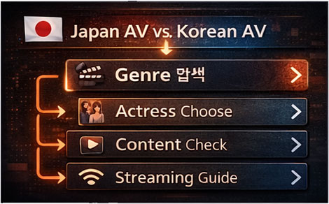Japan AV 탐색을 위한 추천 이동 경로(장르-배우-스트리밍-가이드)를 보여주는 이미지